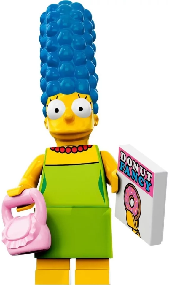 Minifigure LEGO Simpson : Marge avec son sac et une boîte de donuts.