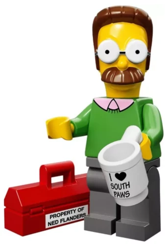 Minifigure LEGO Simpson : Ned Flanders avec sa boîte à outils et son mug.