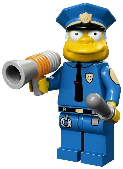 Minifigure LEGO Simpson : Le chef Wiggum avec avec sa matraque et son porte voix.