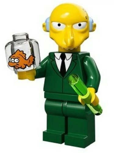 Minifigure LEGO Simpson : Mr Burns avec une barre radioactive et le poisson à trois yeux (Blinky) dans son bocal.