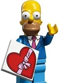 LEGO Simpson : Homer en tenue du dimanche avec une boîte de chocolat de Saint Valentin.