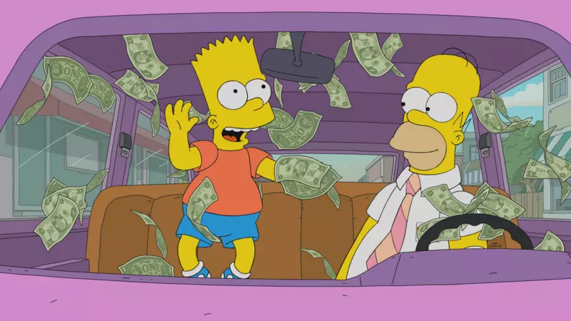 Bart et Homer dans la voiture avec des billets qui volent