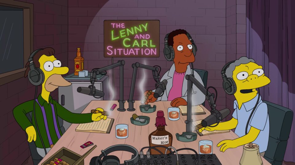 S34E12 : Lenny, Carl et Moe dénoncent Homer dans leur émission sur internet.