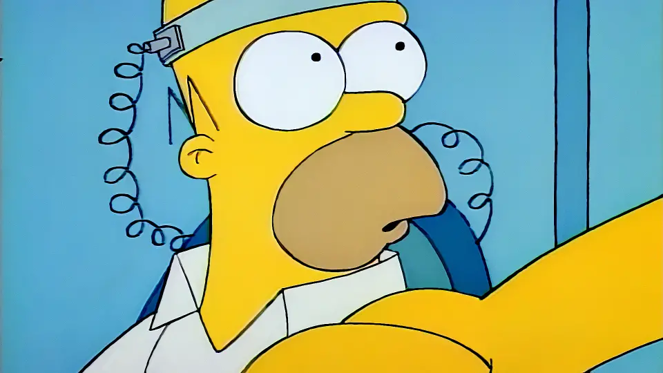 S01E04 : Homer portant un casque à électrochocs.