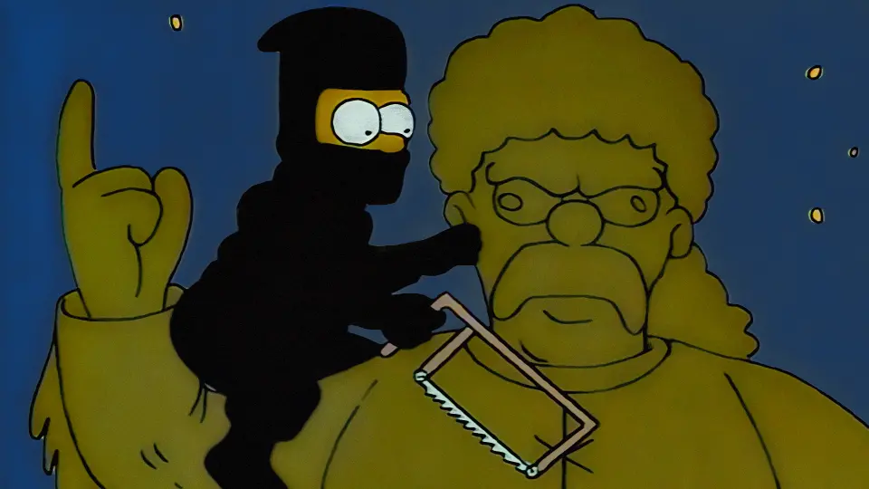 Simpson S01E08 - Bart en train de couper la tête de la sataue de Jebediah Springfield.