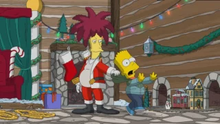 Tahiti en père Noël attrape Bart par le cou