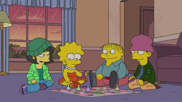Lisa assise par terre dans un salon, autour d'un plateau de Candy Land avec d'autres enfants.