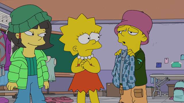 Lisa, l'air soucieux, entourée de membres du Club de mode dans leur repaire.
