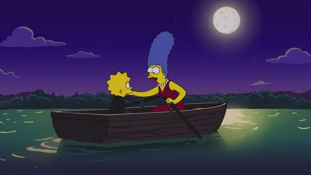 Marge pagaie sur l'étang au clair de lune avec Lisa assise à l'avant du canot.