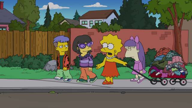 Lisa et les filles du Club de mode marchent sur le trottoir en tirant un chariot rempli de vêtements.