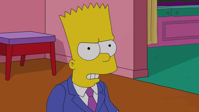 Bart en costume, l'air contrarié, dans le salon.